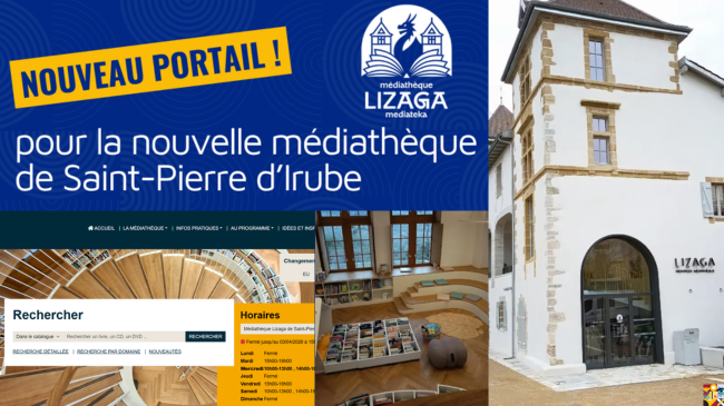 Portail Orphée bilingue français basque - Médiathèque Lizaga de Saint-Pierre d'Irube : un portail PPS pour valoriser collections, actualités et services en toute simplicité (recherche thématique, carrousel de nouveautés).