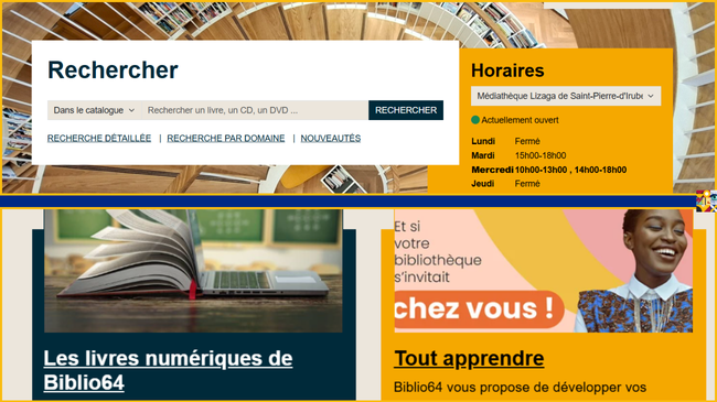 Page d'accueil du portail de la médiathèque Lizaga à Saint-Pierre d'Irube (modules et articles).