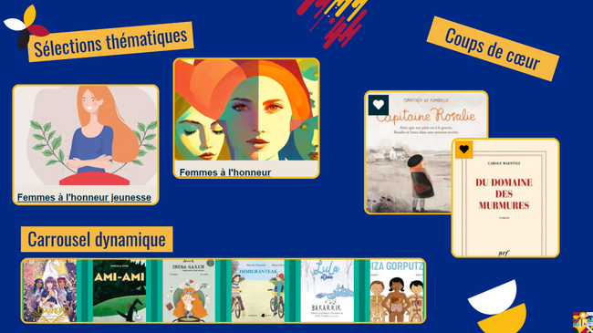 Présentation de sélections thématiques, coups de coeur, carrousel dynamique des nouveautés.